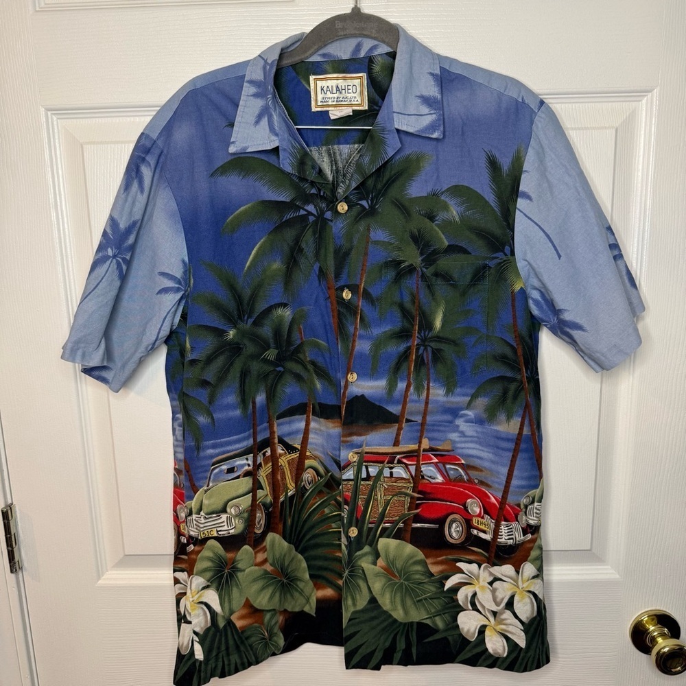 Kalaheo Vintage Mens Blue Hawaiian Shirt 100% Cotton Made in Hawaii Size Medium